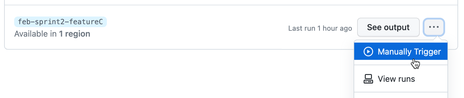 Capture d’écran du menu déroulant de configuration prédéfinie, visible après avoir cliqué sur un bouton intitulé « trois points ». L’option « Déclencher manuellement » est sélectionnée.