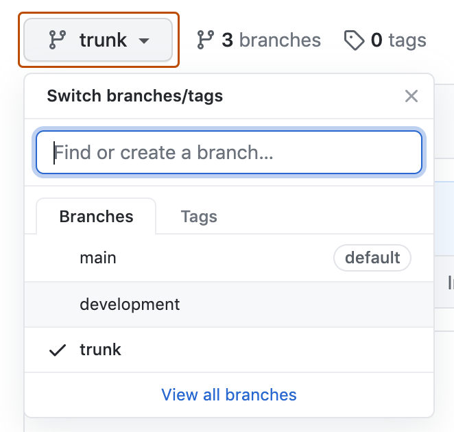 Screenshot: Dropdownmenü „Branch“ mit verschiedenen aufgelisteten Branches Das Dropdownmenü, das mit einem Branchsymbol und „Trunk“ gekennzeichnet ist, ist orange umrandet.