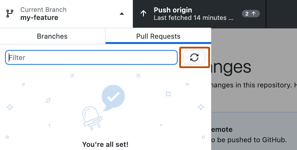Captura de tela da guia "Pull Requests". Um botão, rotulado com um ícone de duas setas que formam um círculo, é realçado com um contorno laranja.