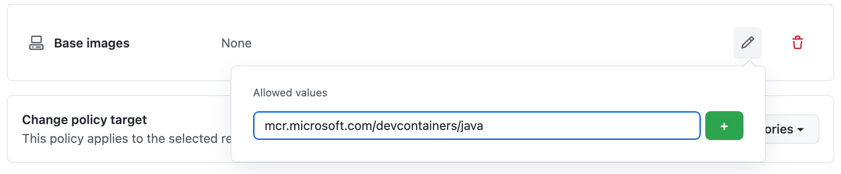 Captura de pantalla de la referencia de imagen "mcr.microsoft.com/devcontainers/java" especificada en el campo "Valores permitidos".