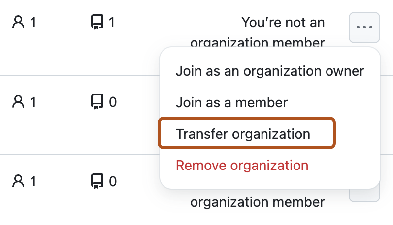 Captura de tela do menu suspenso expandido, identificado pelo ícone de kebab, para uma organização. A opção "Transferir organização" está descrita.