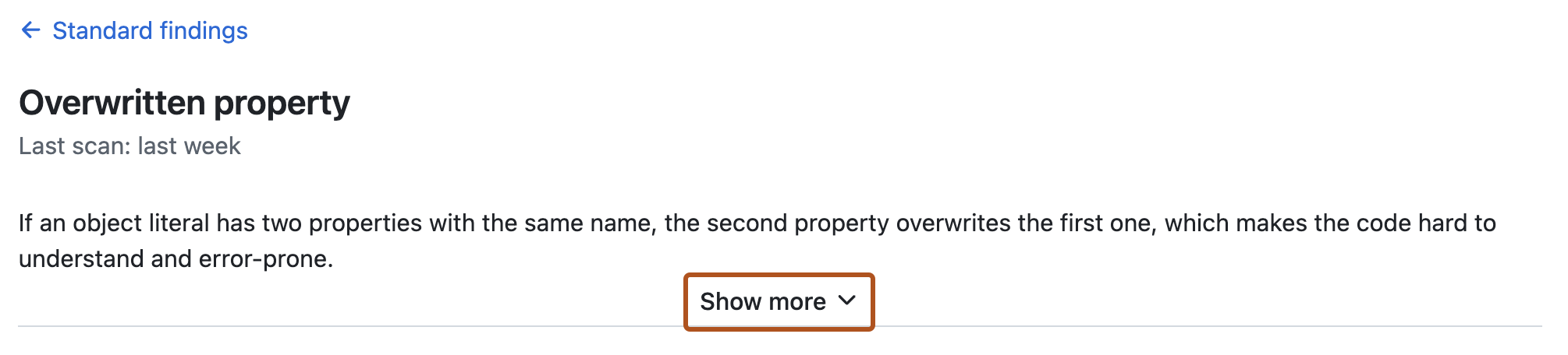 Capture d’écran montrant les résultats d’une règle de qualité de code. Le texte « Afficher plus » est mis en surbrillance en orange foncé.