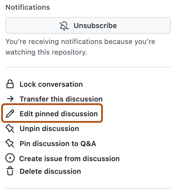 Screenshot der rechten Randleiste einer Diskussion. Die Option „Angeheftete Diskussion bearbeiten“ ist dunkelorange hervorgehoben.