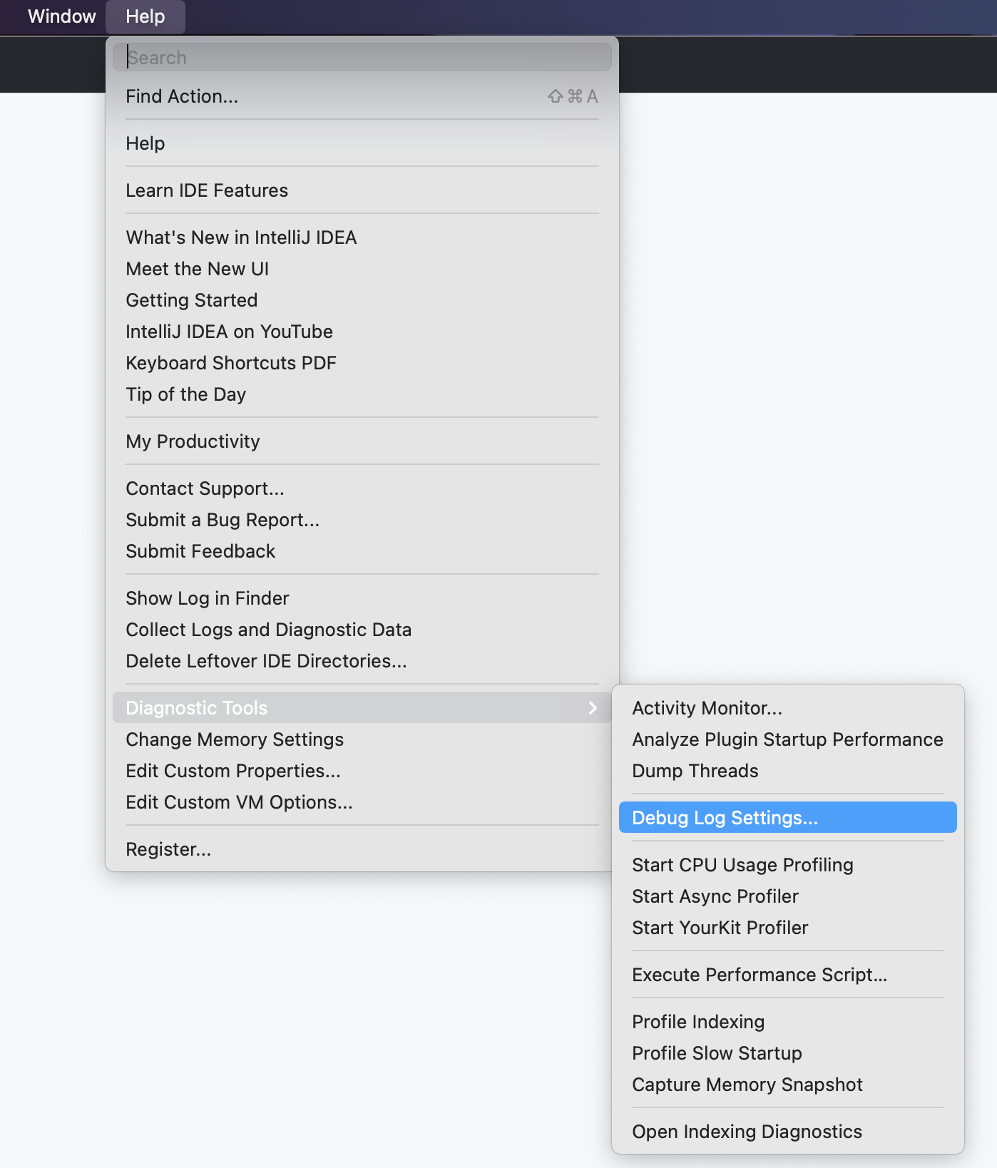 Captura de pantalla de la barra de menús en un IDE de JetBrains. El menú "Ayuda" y el submenú "Herramientas de diagnóstico" se expanden y la opción "Configuración del registro de depuración" está resaltada.
