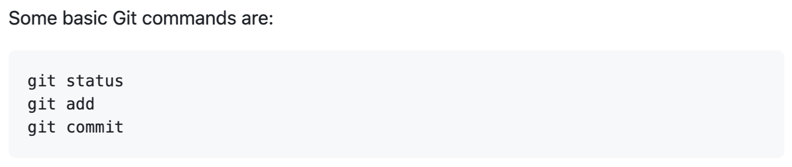 Capture d’écran du rendu GitHub Markdown montrant un bloc de code simple sans mise en surbrillance de syntaxe.