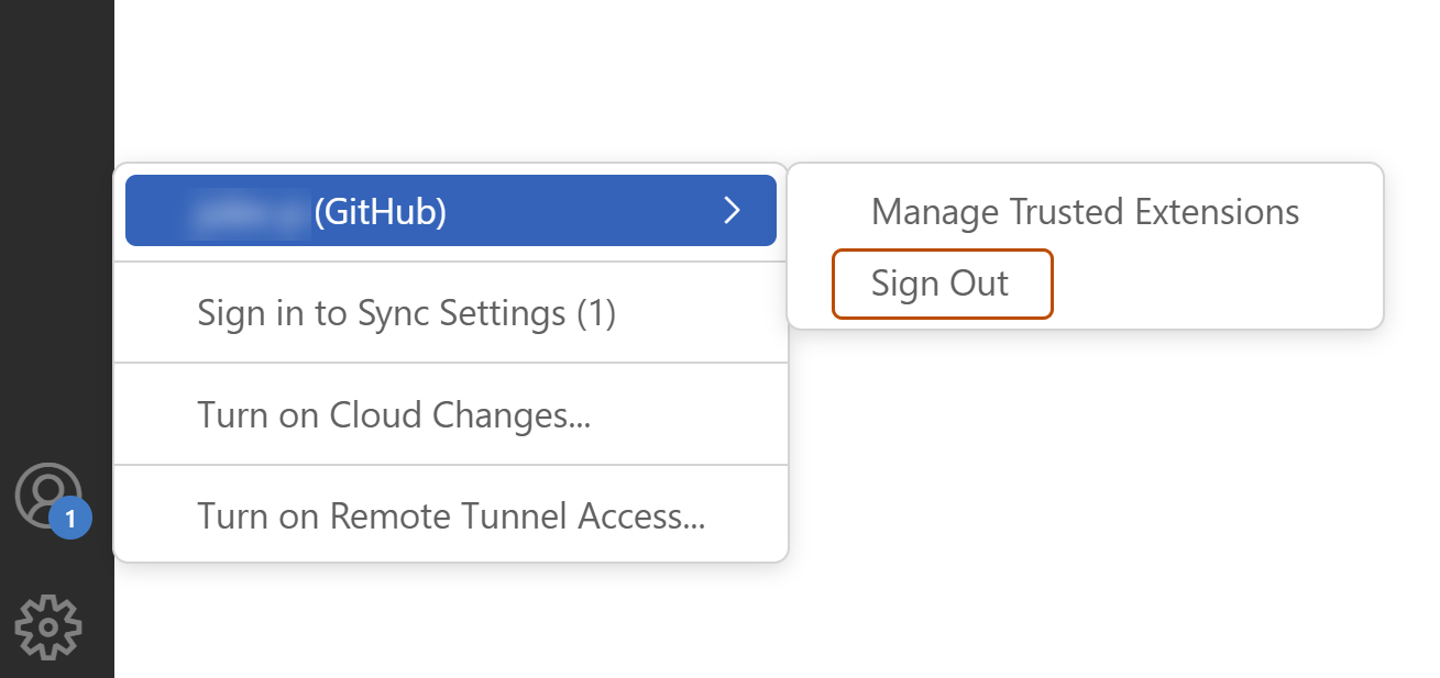 Der Screenshot zeigt das Menü in Visual Studio Code. Die Option „Abmelden“ ist dunkelorange umrandet.
