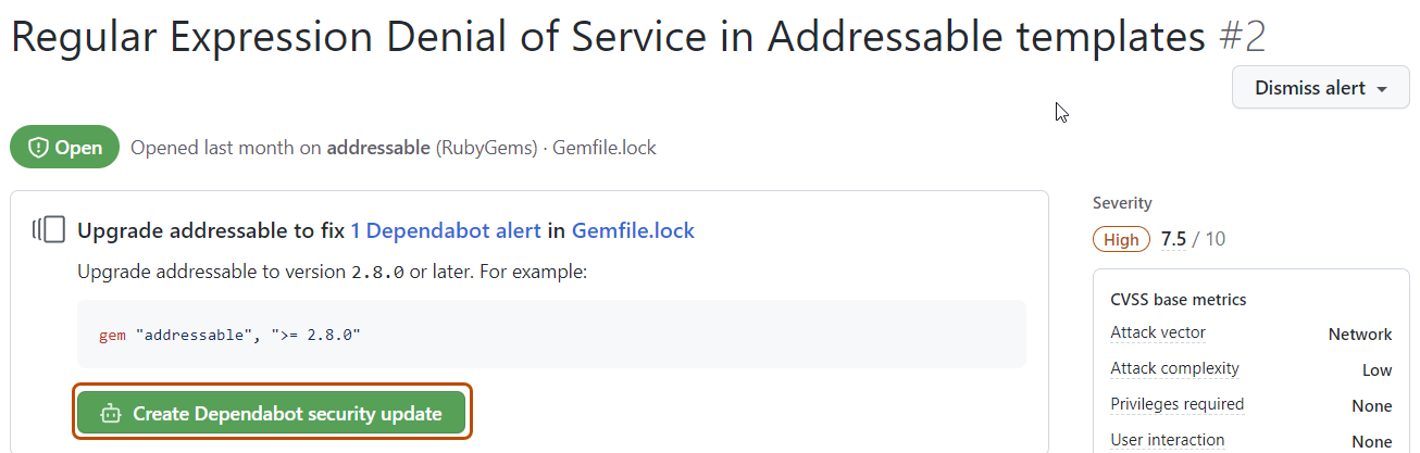 Captura de pantalla de una alerta de Dependabot con el botón "Crear actualización de seguridad de Dependabot" resaltado con un contorno naranja oscuro.