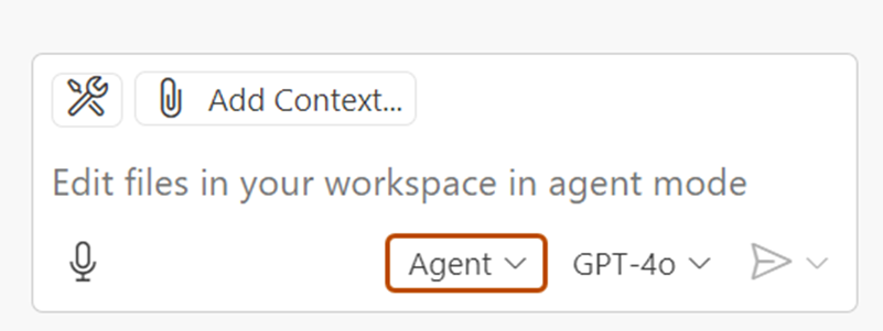 Captura de pantalla del cuadro Copilot Chat en Visual Studio Code. La opción "Agent" se resalta en color naranja oscuro.