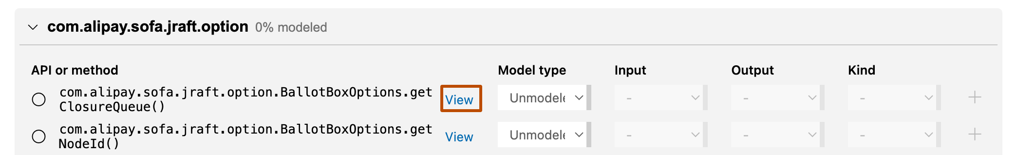 Captura de tela do "Modo de dependência" com um modelo para "com.alipay.sofa.jraft.option.BallotBoxOptions.getClosureQueue()". O botão "+" está contornado.