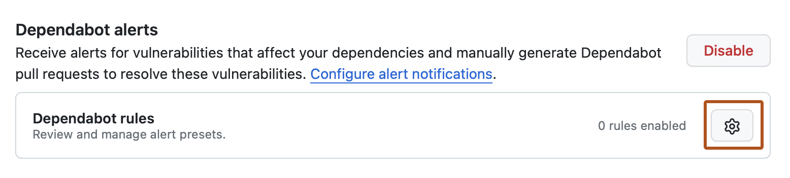 Capture d’écran de la page « Advanced Security » d’un dépôt. L’icône d’engrenage est mise en évidence par un contour orange.