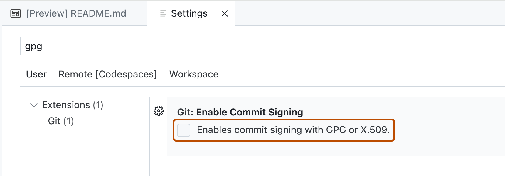 Captura de pantalla de la pestaña de configuración "Usuario". Una casilla sin seleccionar, etiquetada como "Habilita la firma de confirmación con GPG o X.509", se destaca en naranja.