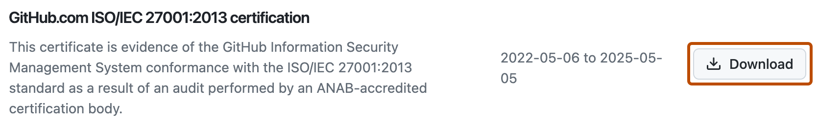 Capture d’écran de la section « Ressources » de la page « Conformité ». À côté d’un rapport, un bouton intitulé « Télécharger » est encadré en orange.
