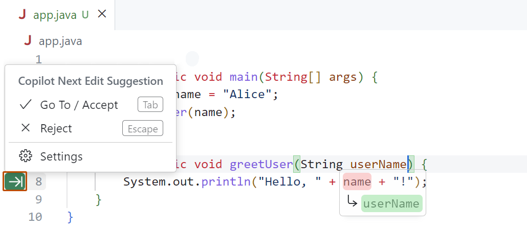 Capture d’écran du menu de la gouttière dans Visual Studio Code. La flèche est soulignée en orange foncé.