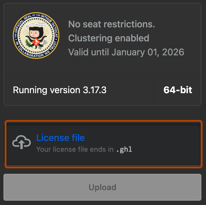 Capture d’écran de la page « Licence » de la console de gestion. La zone de téléchargement du « fichier de licence » est mise en évidence par un contour orange.