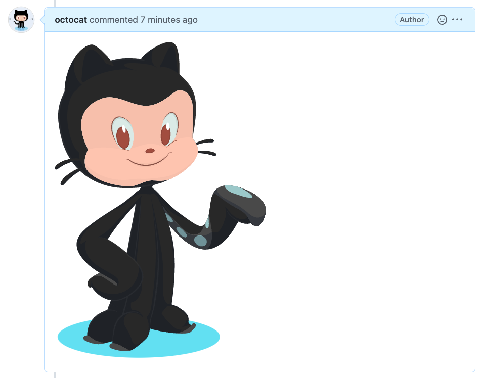 Capture d’écran d’un commentaire sur un problème de GitHub montrant une image, ajoutée dans le Markdown, d’un octocat souriant et de lever un tentacle.