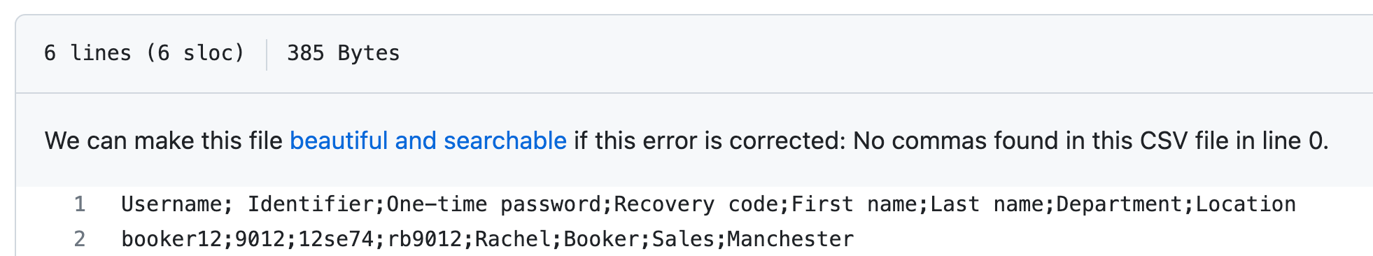 Captura de pantalla de una vista de texto de un archivo CSV. En el encabezado, un mensaje indica un error: "No se encontraron comas en la línea 0 de este archivo CSV".