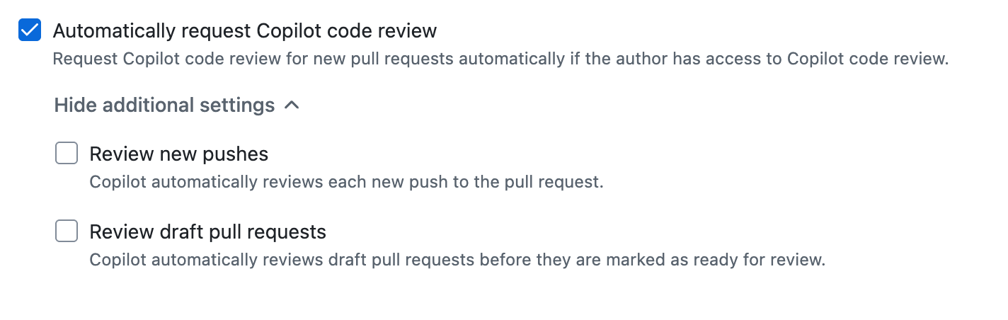 Captura de tela da opção do conjunto de regras de branch "Solicitar automaticamente Copilot code review".