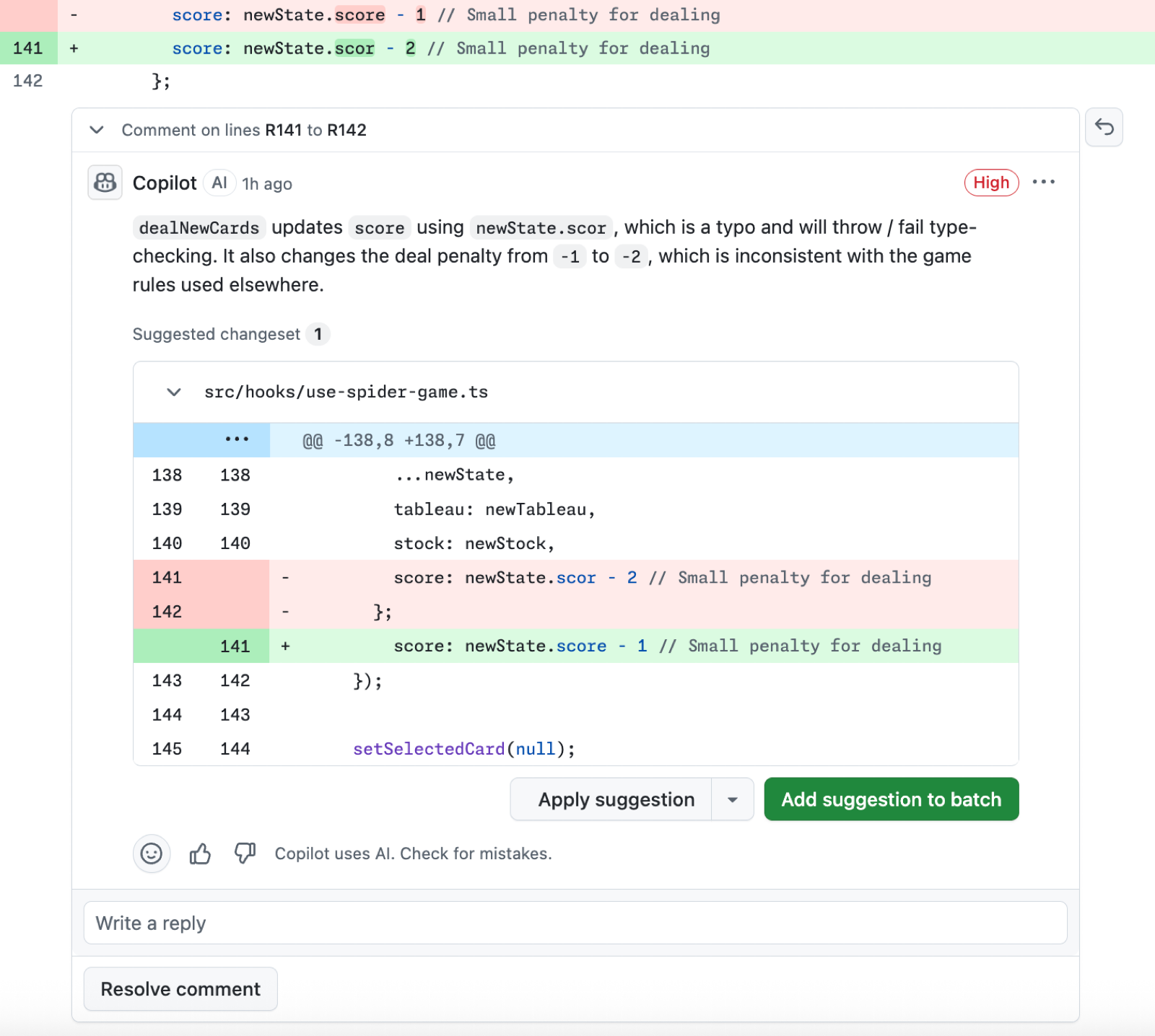 Capture d'écran d'une revue de code laissée par Copilot.