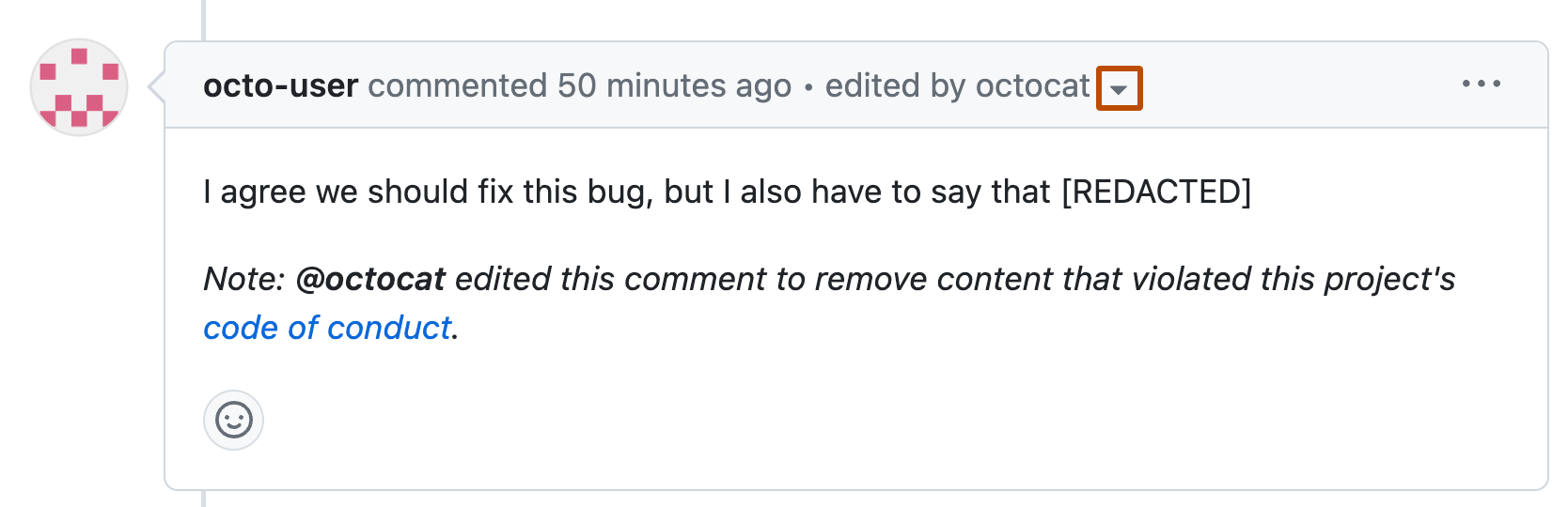 Screenshot: Kommentar von octo-user, der teilweise redigiert wurde Im Header ist neben „edited by octocat“ ein Dropdownsymbol orange umrandet.