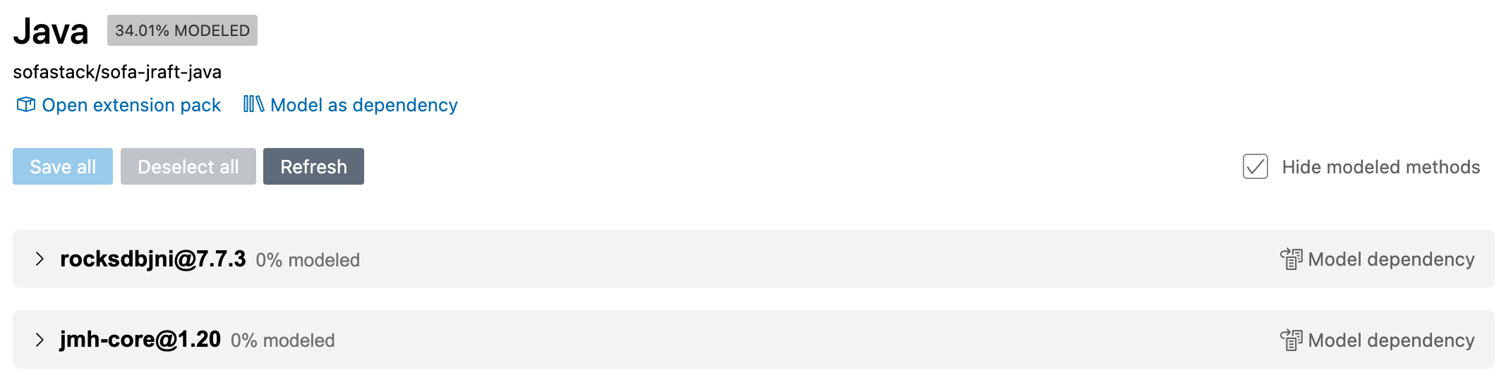 Captura de tela da exibição "Modo de aplicativo" mostrando duas das estruturas de Java externas usadas pela base de código "sofa-jraft".