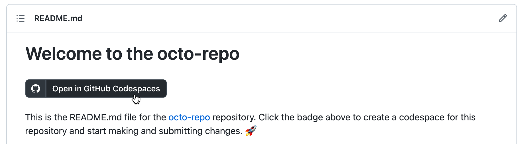 Screenshot eines „In GitHub Codespaces öffnen“-Abzeichens auf einer README-Seite.