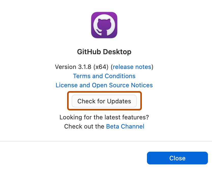 Снимок экрана: окно "GitHub Desktop". В разделе сведений о версии и ссылки на внешние ресурсы кнопка "Проверить наличие обновлений" описана оранжевым цветом.