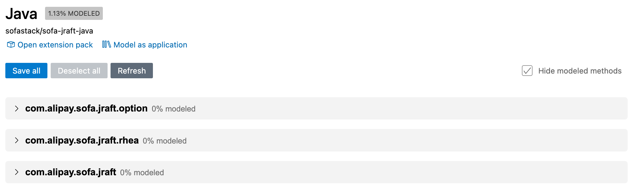 Captura de tela da exibição "Modo de dependência" mostrando três dos pacotes publicados pela base de código "sofa-jraft".