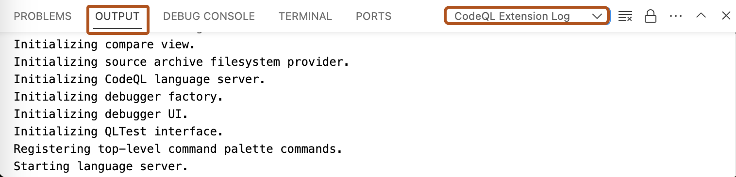 Capture d’écran de la fenêtre « Output » dans VS Code (surlignée en orange foncé). La liste déroulante est également surlignée, avec l’option « Journal d'activité Extension CodeQL » sélectionnée.