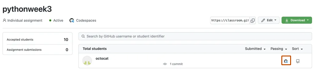 Screenshot der Übersicht der Aufgabe. Das Symbol für Codespaces ist dunkel orange umrandet.