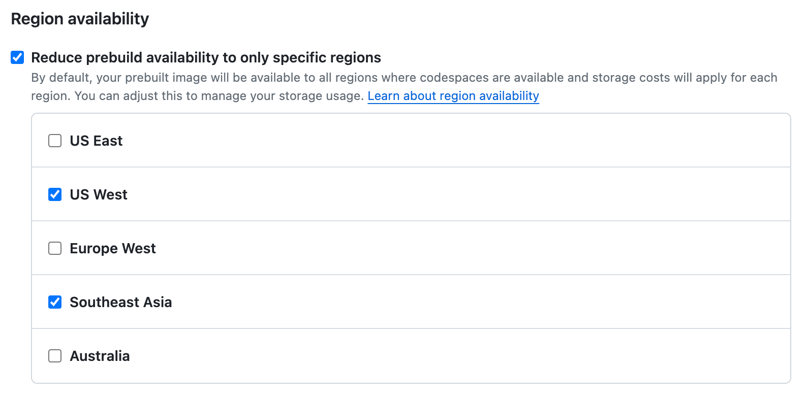 Screenshot der Einstellungen „Regionale Verfügbarkeit“, Die Option „Prebuild auf bestimmte Regionen einschränken“ ist für zwei Regionen ausgewählt.