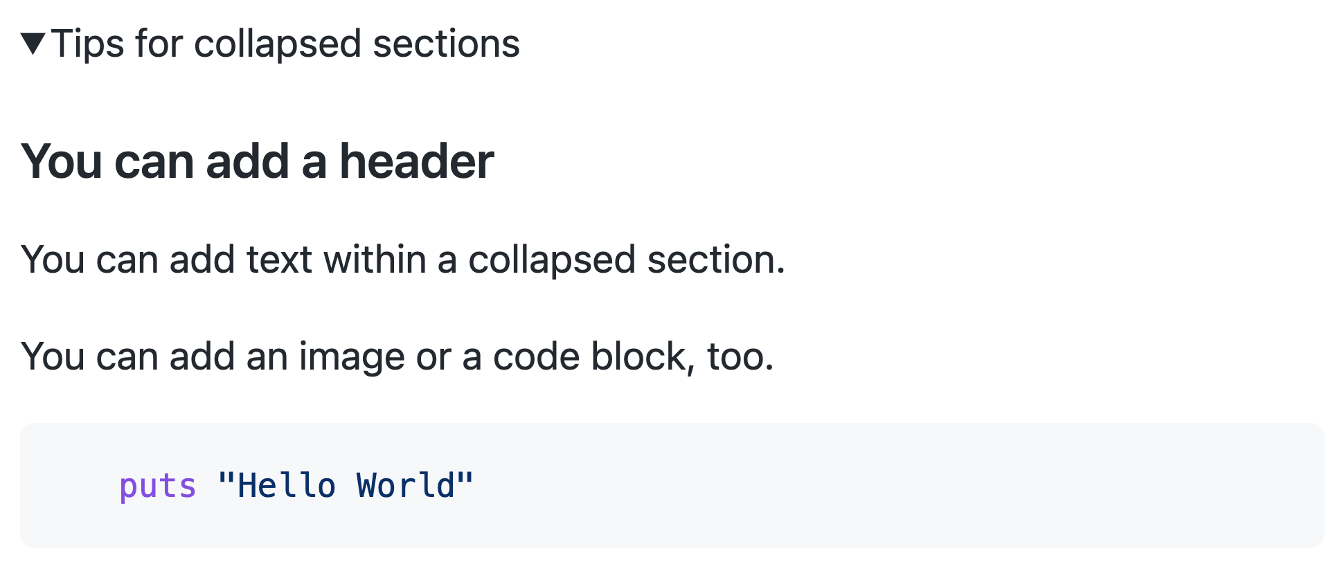 Captura de tela do Markdown exibido acima nesta página, conforme renderizado no GitHub. A seção recolhida contém cabeçalhos, texto, imagens e blocos de código.