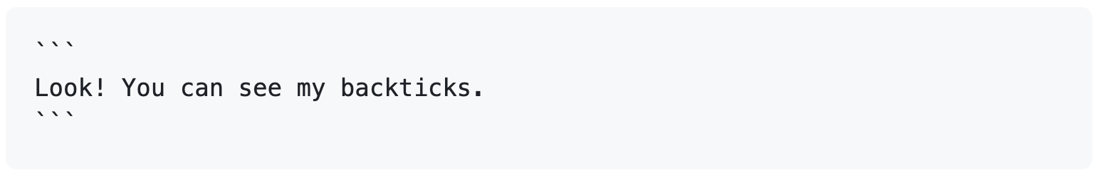 Screenshot des gerenderten Markdown-Codes, der zeigt, dass dreifache Backticks zwischen vierfachen Backticks im gerenderten Inhalt sichtbar sind.