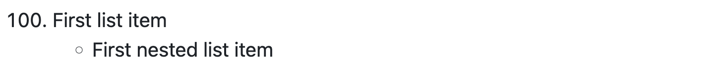 Capture d’écran du rendu GitHub Markdown montrant un élément numéroté précédé par le nombre 100 suivi d’un élément à puces imbriqué à un niveau.