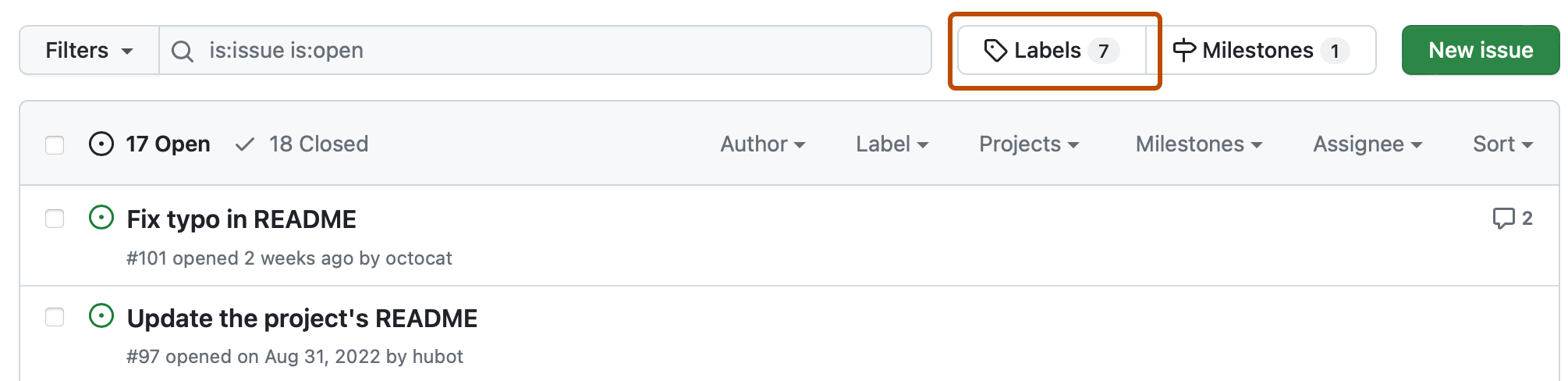Capture d’écran de la liste des problèmes d’un dépôt. Au-dessus de la liste, un bouton, représenté par une icône d’étiquette et le texte « Étiquettes », est encadré en orange foncé.