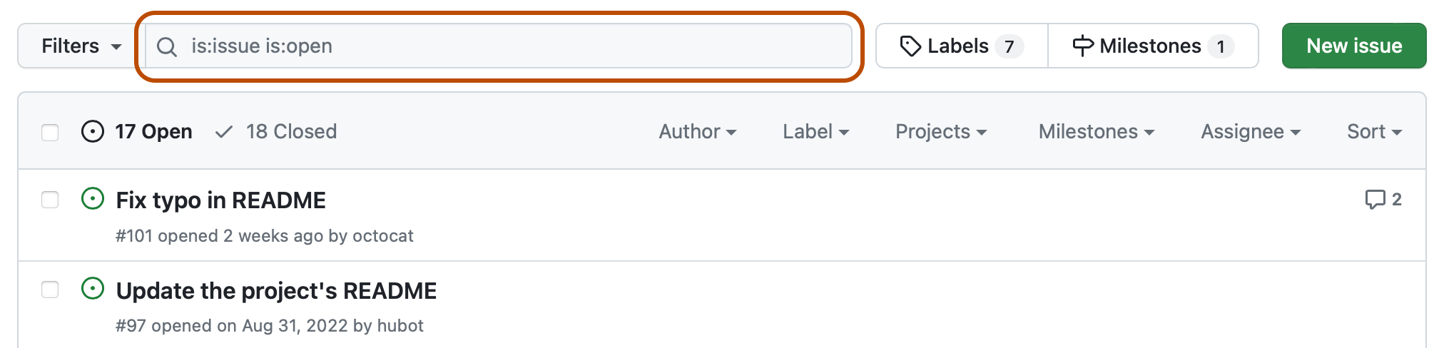 Capture d’écran de la liste des problèmes d’un dépôt. Au-dessus de la liste, un champ de recherche contenant la requête « is:issue is:open » est encadré en orange.