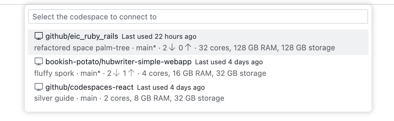 Screenshot der Befehlspalette von VS Code mit einer Liste der Codespaces, zu denen eine Verbindung hergestellt werden kann.