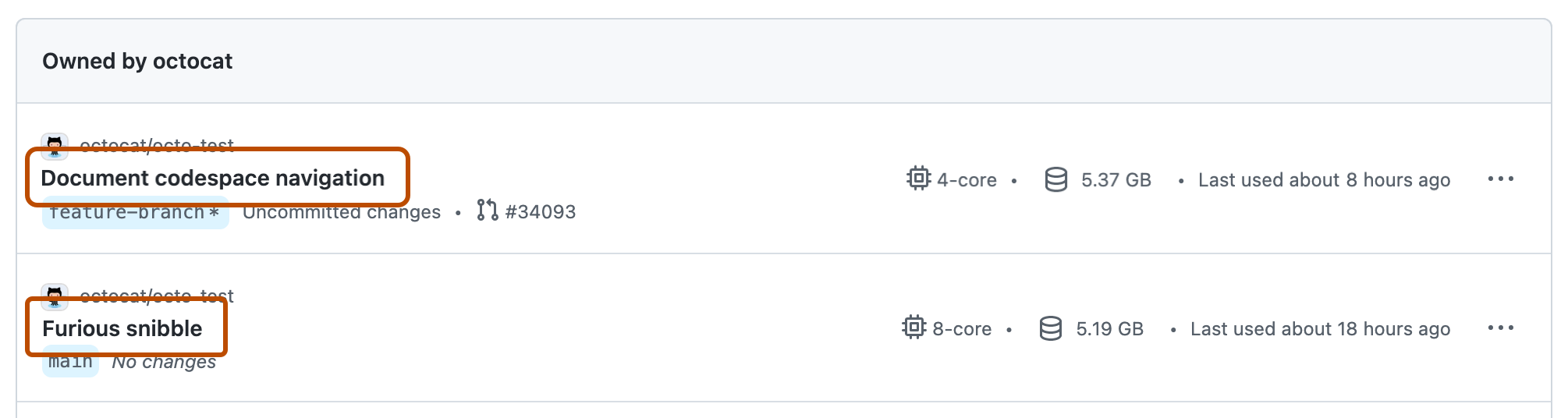 Screenshot einer Liste mit zwei Codespaces auf GitHub. Die Namen der Codespaces sind mit einem dunkelorangen Rand hervorgehoben.