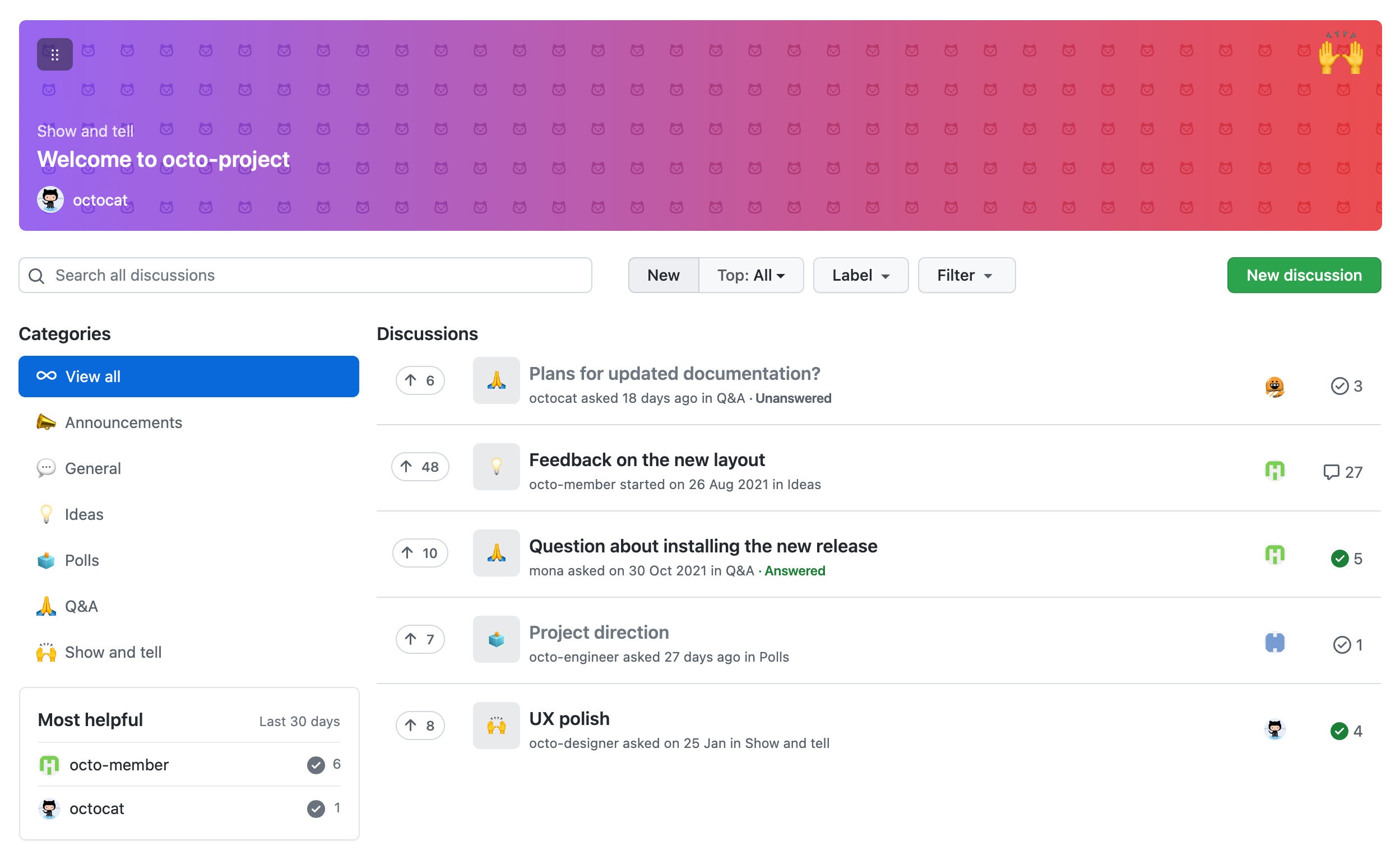 存储库的“Discussions”页面的屏幕截图,其中显示了讨论列表,例如“Feedback on the new layout”和“Project direction”。
