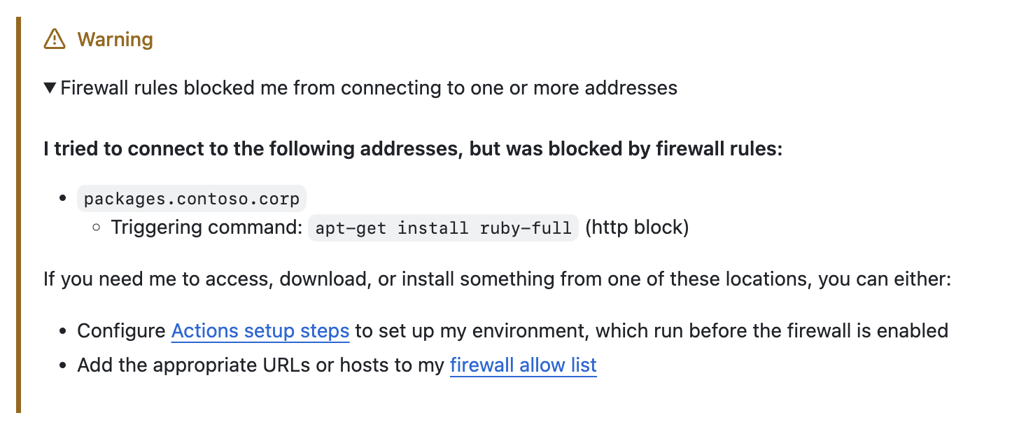 Screenshot: Warnung von Copilot zur Blockierung durch die Firewall.