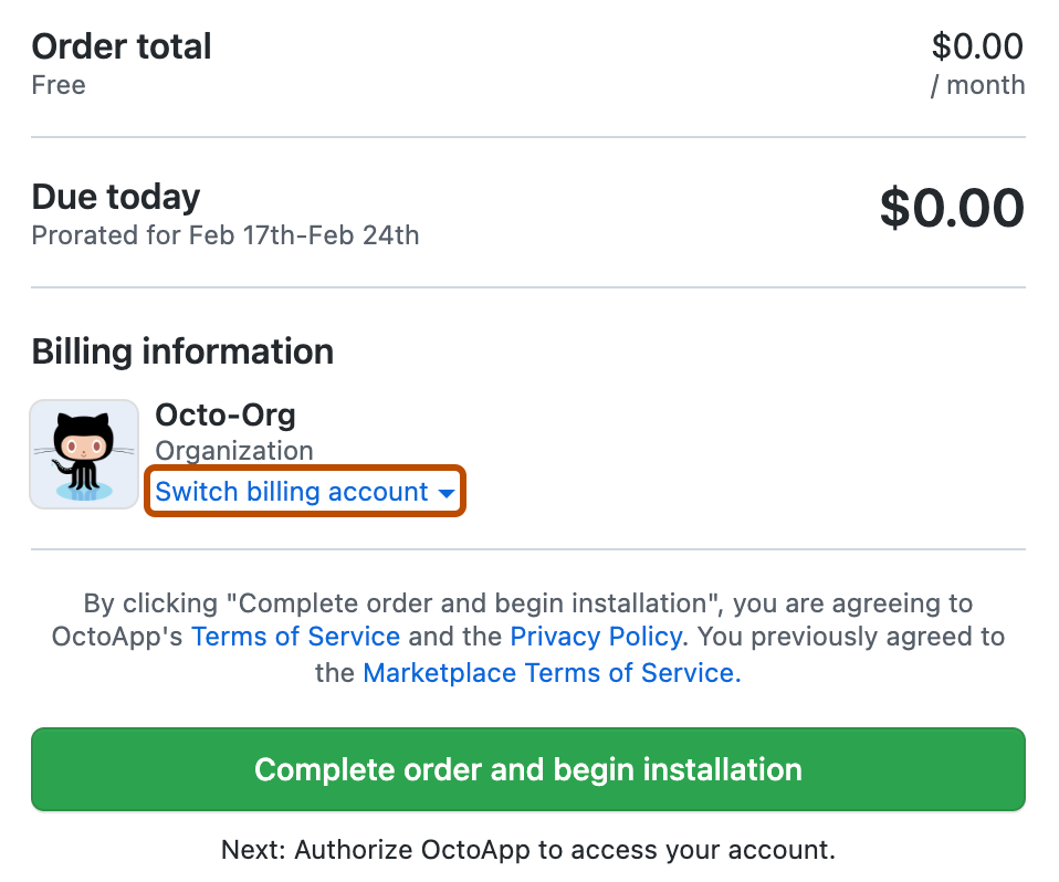Снимок экрана: экран покупки приложения GitHub Marketplace. Свернутое синее раскрывающееся меню с меткой "Переключить учетную запись выставления счетов" описано в темно-оранжевый цвет.