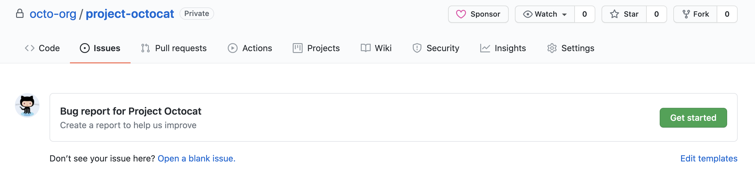 Capture d’écran de la page « Nouveau problème » pour octo-org/project-octocat, avec la possibilité d’utiliser le modèle « Rapport de bogues pour Project Octocat ».