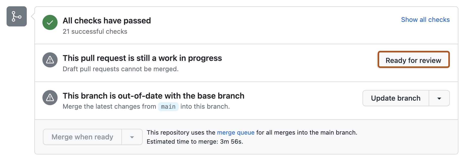 Screenshot des Merge-Feldes in einem Pull Request. Die Schaltfläche „Bereit für Review“ ist dunkelorange umrandet.