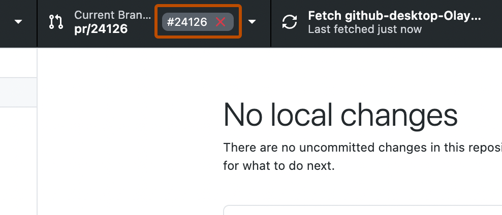 Screenshot der Repository-Leiste. Neben der Schaltfläche „Current Branch“ ist eine nummerierte Bezeichnung mit einem roten Kreuz für fehlerhafte Überprüfungen orange umrandet.