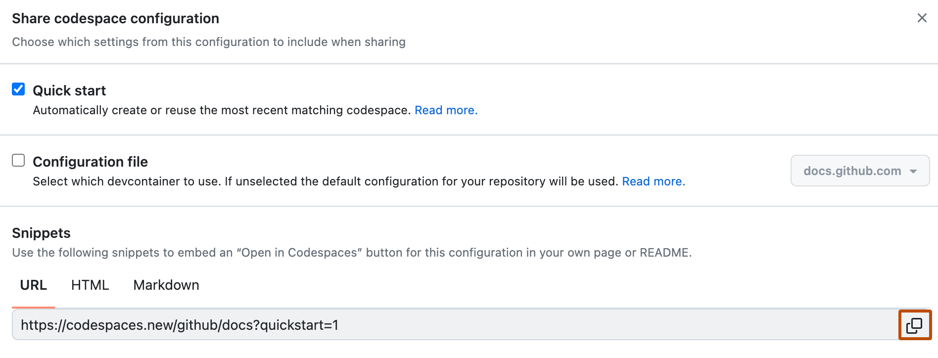 Screenshot des Fensters für „Codespace-Konfiguration freigeben“. Neben der URL für den neuen Codespace ist ein Symbol mit zwei überlappenden Quadraten orange umrandet.