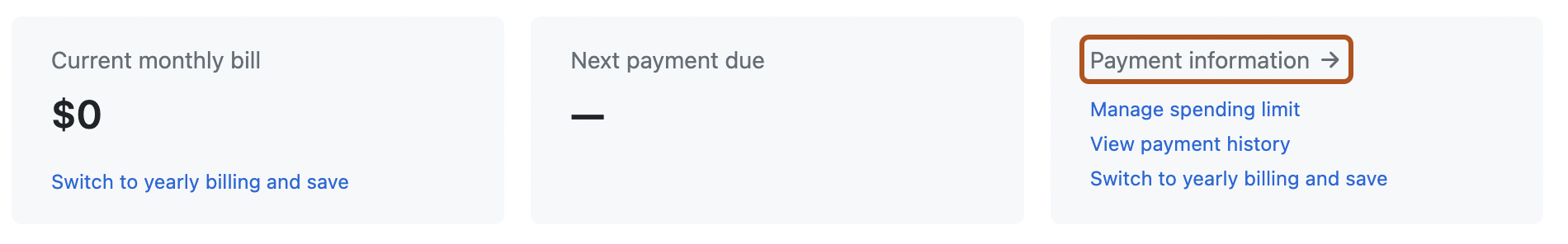 Screenshot des oberen Abschnitts der Seite mit den Abrechnungseinstellungen. Im Feld „Payment information“ ist der Link „Update payment method“ orange umrandet.