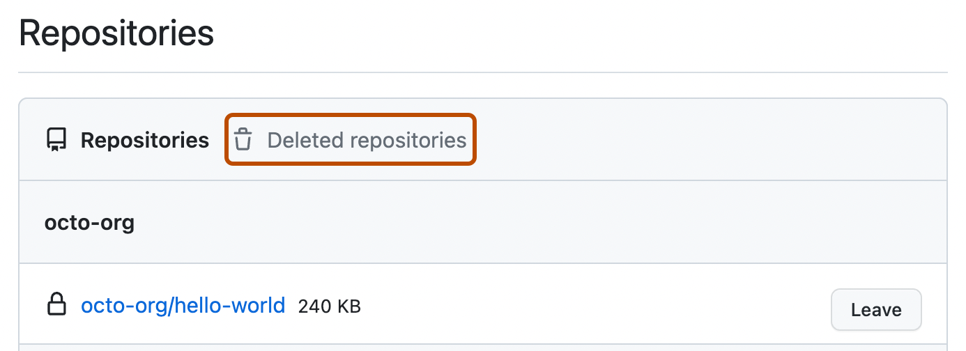 [リポジトリ] 設定ページのスクリーンショット。 リポジトリの一覧の上にある灰色の [Deleted repositories] リンクがオレンジ色の枠線で囲まれています。