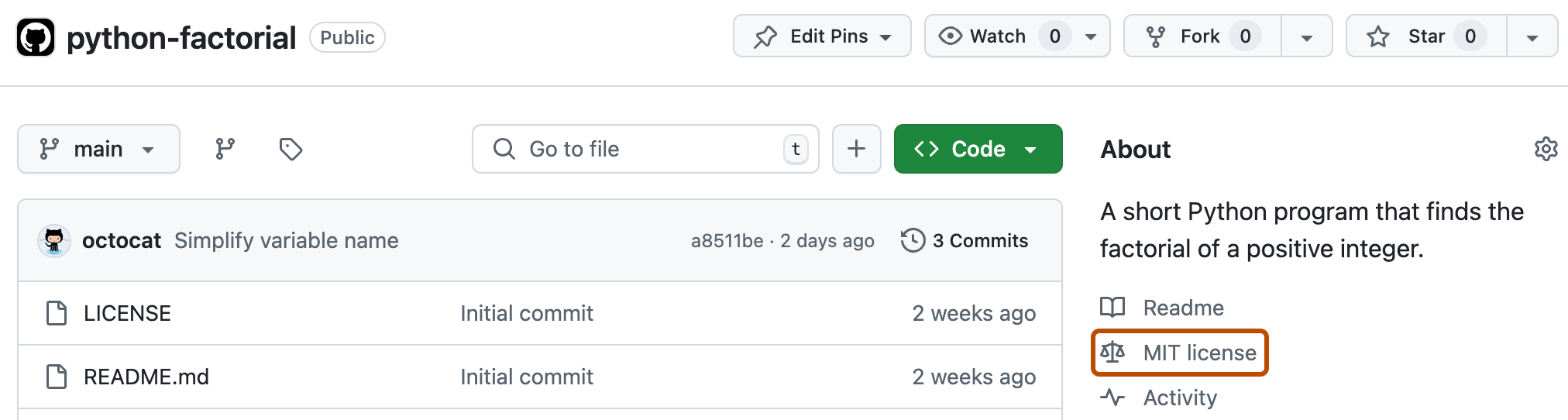 Capture d’écran de la page principale du référentiel new2code/python-factorial. Dans la barre latérale de droite, la « licence MIT » est soulignée en orange foncé.