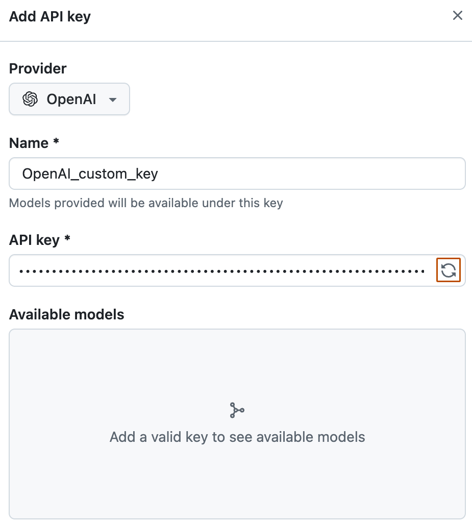 Screenshot des Formulars "API-Schlüssel hinzufügen" Die Schaltfläche "Neue Modelle abrufen" ist mit einer orangefarbenen Kontur hervorgehoben.