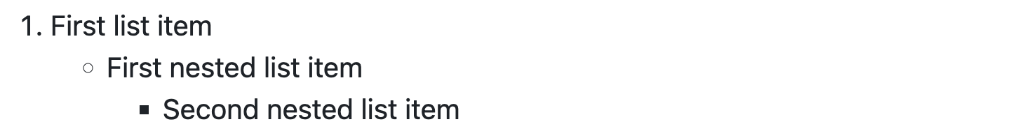 Capture d’écran du rendu GitHub Markdown montrant un élément numéroté suivi de puces imbriquées à deux niveaux différents d’imbrication.