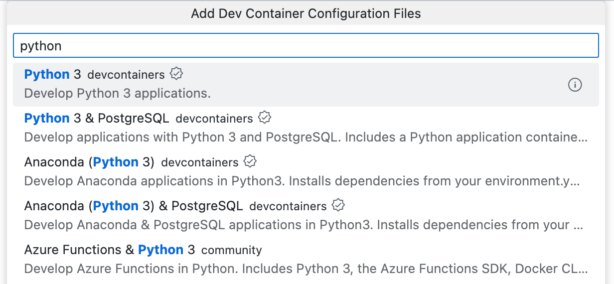 Screenshot der Dropdownliste "Dev Container-Konfigurationsdateien hinzufügen" mit den Optionen für Python.